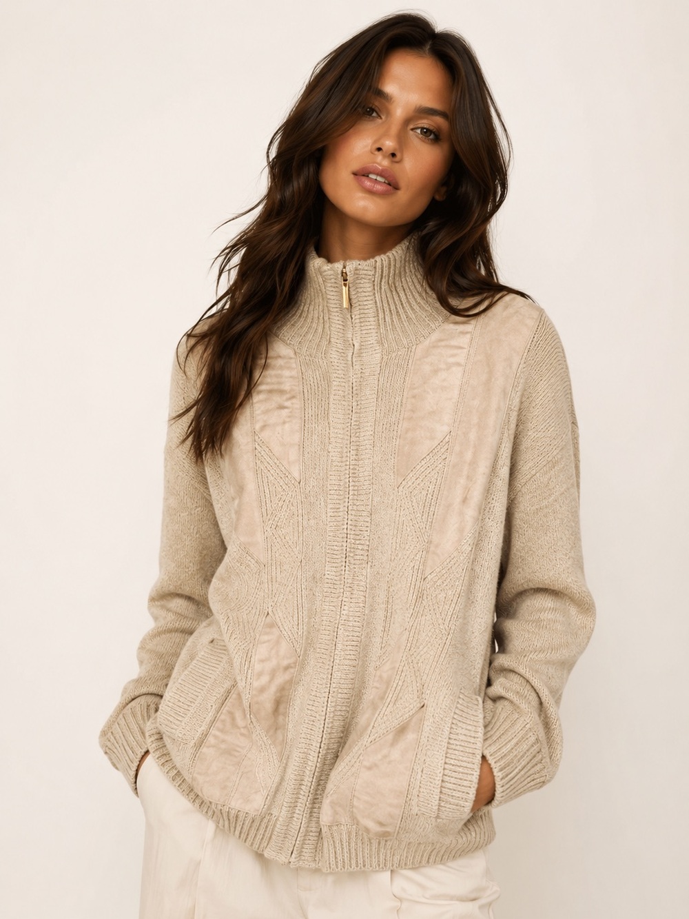 Vintage Geometric Wool Knit Coat Lined Zip Up Beige Quiet Luxury Parisian Nordic